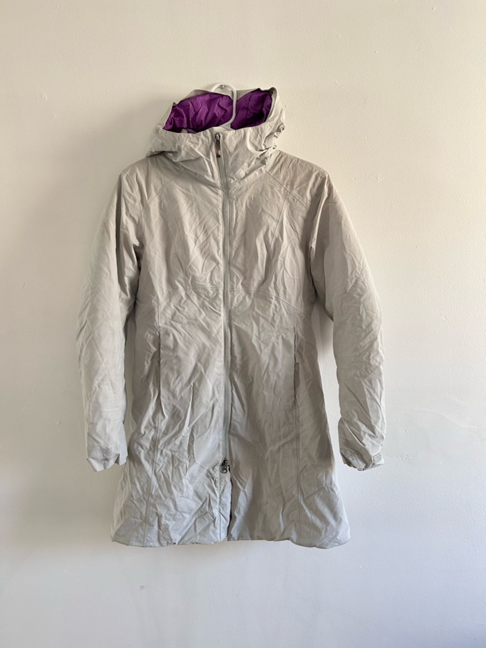 Arc'teryx Sylva Long Parka Light Gray Coat with Purple Hood Lining windstopper
